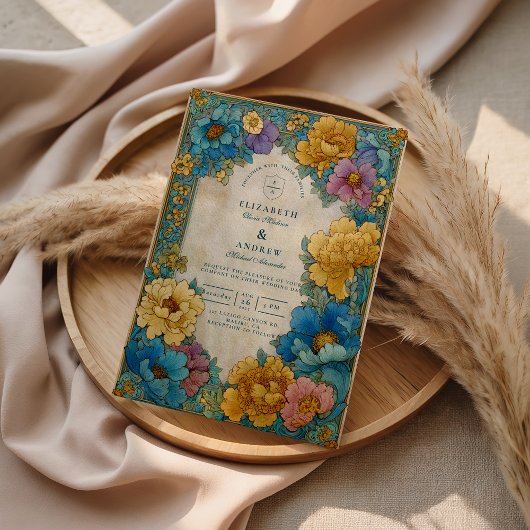Invitation Teal Gold Botanical Wedding