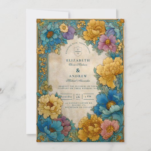 Invitation Teal Gold Botanical Wedding (Devant)