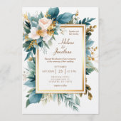Invitation Teal Gold Floral Garden Boho Elegant Wedding (Devant)