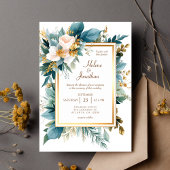 Invitation Teal Gold Floral Garden Boho Elegant Wedding