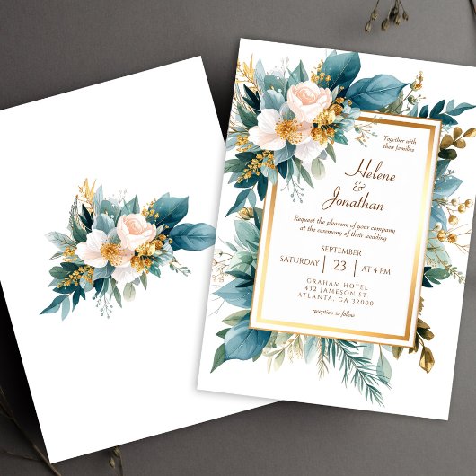 Invitation Teal Gold Floral Garden Boho Elegant Wedding