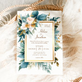 Invitation Teal Gold Floral Garden Boho Elegant Wedding