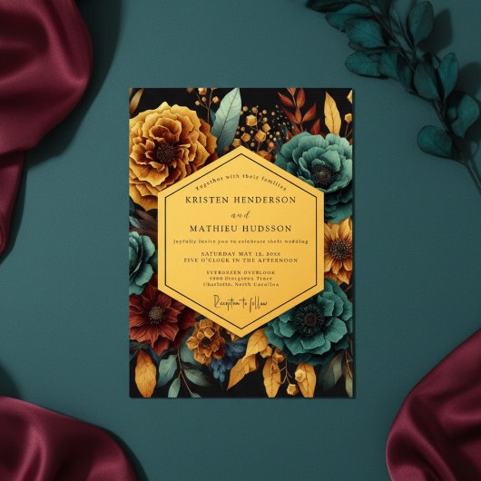 Invitation Teal Golden Floral Night Wedding
