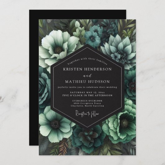 Invitation Teal Gothic Bloom Wedding (Devant / Derrière)