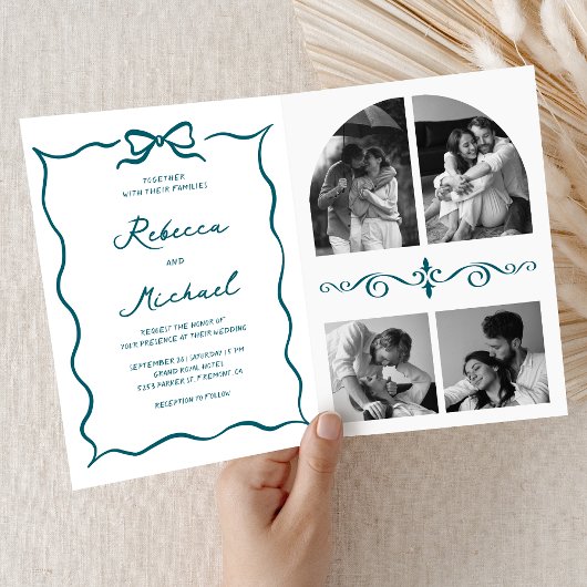 Invitation Teal Hand Drawn Bow QR Code Photo Wedding