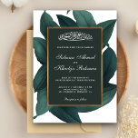 Invitation Teal Leaves Gold Border Islamic Muslim Wedding<br><div class="desc">Invite your guests with this elegant wedding invitation featuring beautiful cluster of leaves and 'Bismillah' in Arabic calligraphy with a faux gold foil border. Simply add your event details on this easy-to-use template to make it a one-of-a-kind invitation. Flip the card over to reveal a teal and gold dots pattern...</div>