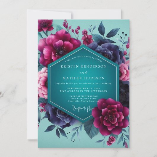 Invitation Teal Magenta Dramatic Bloom Wedding (Devant)