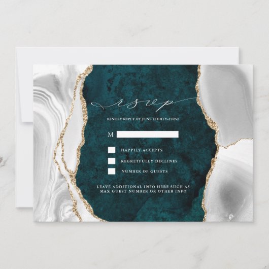 Invitation Teal Marble, réponse de mariage en agate blanche e (Devant)