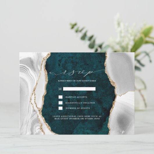 Invitation Teal Marble, réponse de mariage en agate blanche e (Debout devant)