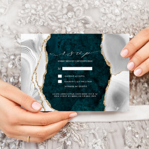 Invitation Teal Marble, White & Gold Agate Réponse de Mariage