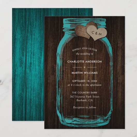 Invitation Teal Mason Jar Wood Monogram Burlap Hearts Wedding (Devant / Derrière)