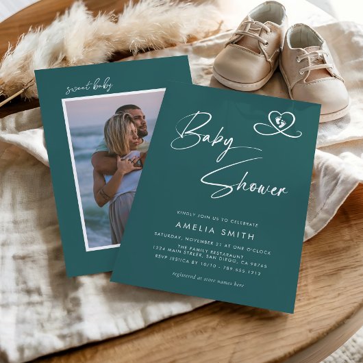 Invitation Teal Modern Script Baby Shower Photo