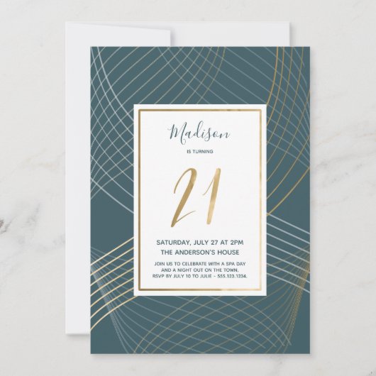 Invitation Teal moderne et anniversaire d'or 21ème (Devant)