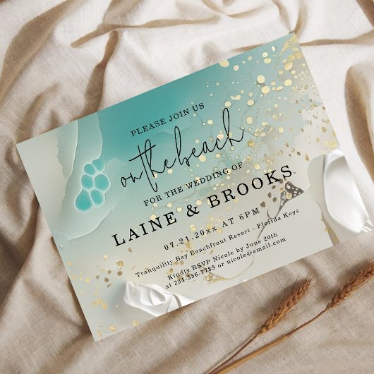 Invitation Teal Ocean Tide & Gold Ethereal Shoreline Wedding