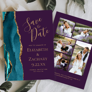 Invitation Teal Or Agate Violet 5-Photo Enregistrez la Date