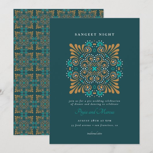 Invitation Teal Or Blanc Mandala Mehndi Sangeet (Devant / Derrière)