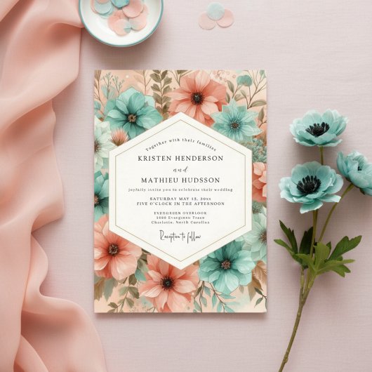 Invitation Teal Peach Floral Ethereal Wedding