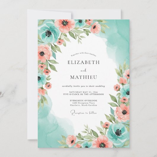Invitation Teal Peach Heavenly Spring Wedding (Devant)