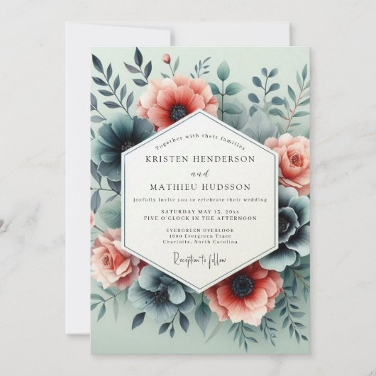 Invitation Teal Peach Somber Bloom Wedding (Devant)