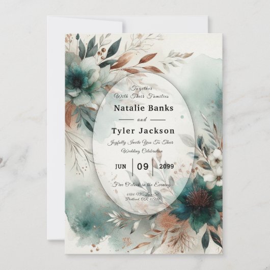 Invitation Teal Petals in Bronze Bloom Wedding (Devant)