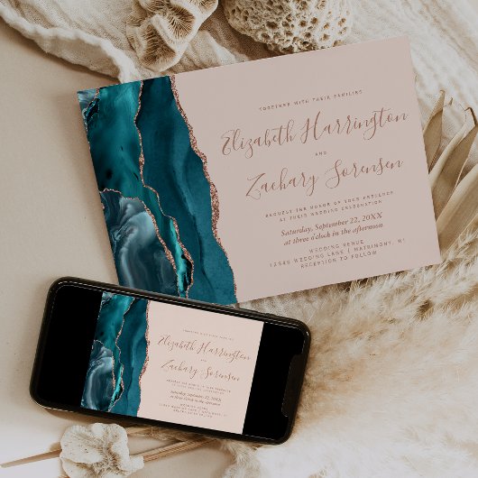 Invitation Teal Rose Gold Agate Blush Horizontal Wedding