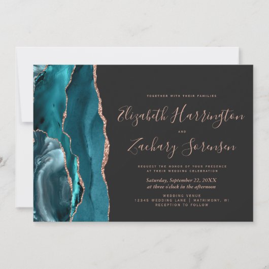 Invitation Teal Rose Gold Agate Dark Horizontal Wedding (Devant)