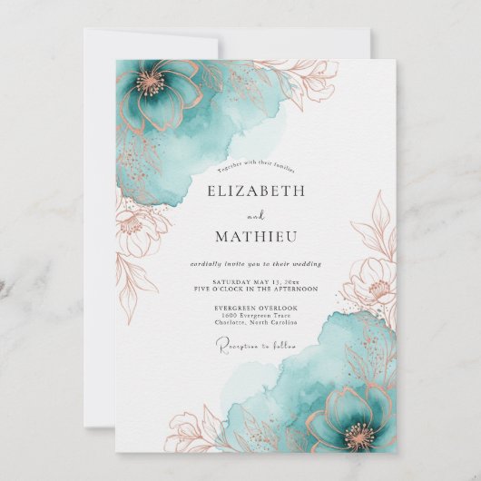 Invitation Teal Rose Gold Artistic Spring Wedding (Devant)