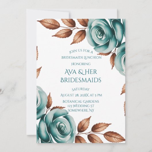 Invitation Teal Roses and Bronze Leaves Bridesmaids Luncheon (Devant)