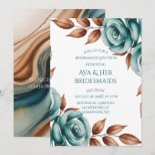 Invitation Teal Roses and Bronze Leaves Bridesmaids Luncheon (Devant / Derrière)