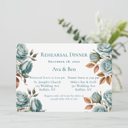 Invitation Teal Roses And Bronze Leaves Rehearsal Dinner (Debout devant)