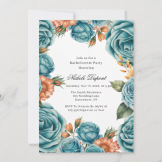 Invitation Teal Roses and Orange Floral Bachelorette Party