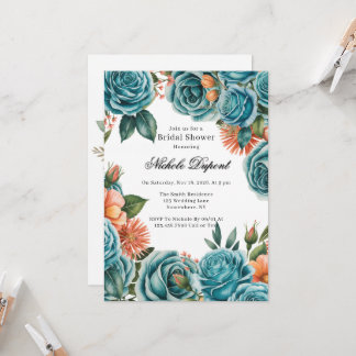 Invitation Teal Roses and Orange Floral Bridal Shower