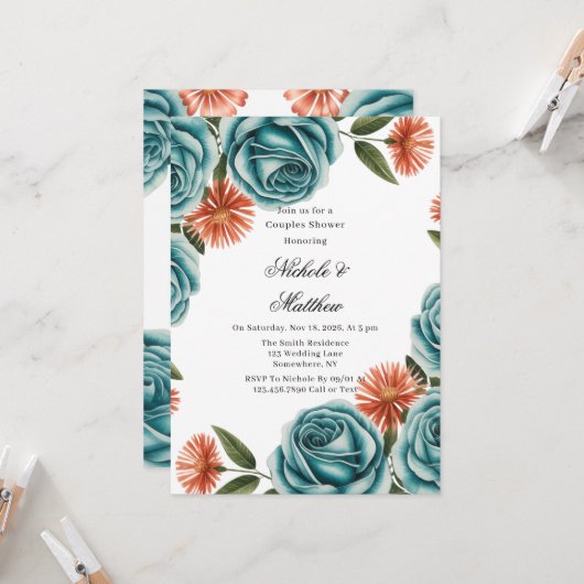 Invitation Teal Roses and Orange Floral Couples Shower (Devant/Arrière en situation)