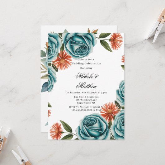 Invitation Teal Roses and Orange Floral Wedding Celebration  (Devant/Arrière en situation)