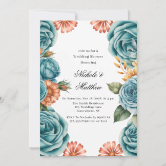 Invitation Teal Roses and Orange Floral Wedding Shower