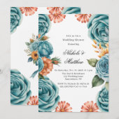 Invitation Teal Roses and Orange Floral Wedding Shower (Devant / Derrière)