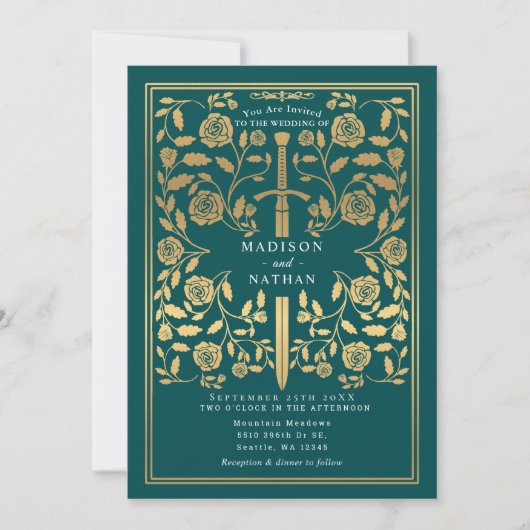 Invitation Teal Royal Medieval Gold Sword Wedding QR Code (Devant)