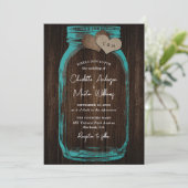 Invitation Teal Rustic Wood Burlap Hearts Mason Jar Wedding (Debout devant)