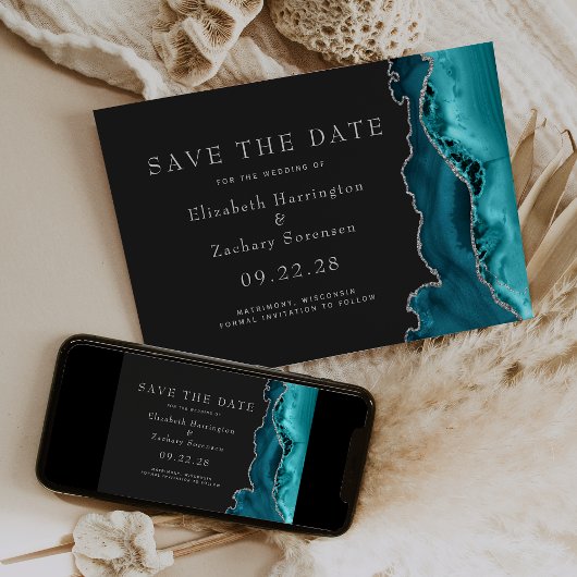Invitation Teal Silver Agate Dark Save the Date
