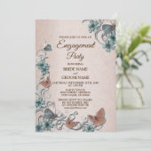 Invitation Teal Silver Floral Butterfly Tan Engagement party (Debout devant)