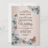 Invitation Teal Silver Floral Copper Butterfly Tan Wedding (Devant)