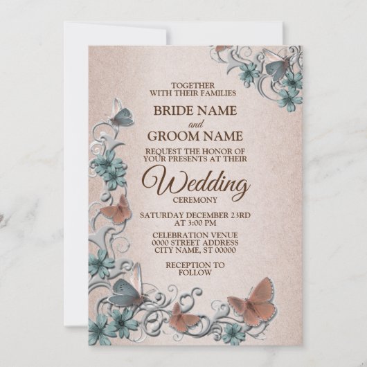 Invitation Teal Silver Floral Copper Butterfly Tan Wedding (Devant)