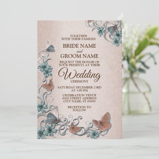Invitation Teal Silver Floral Copper Butterfly Tan Wedding (Debout devant)