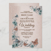 Invitation Teal Silver Floral Copper Butterfly Tan Wedding (Devant / Derrière)