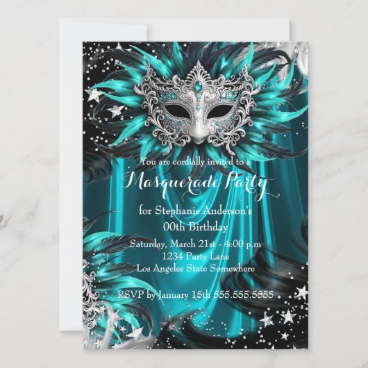 Invitation Teal Silver Sparkle Magical Night Masquerade Party (Devant)