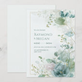 Invitation Teal Skeletal Leaf Botanical Gold Frame Wedding (Devant / Derrière)