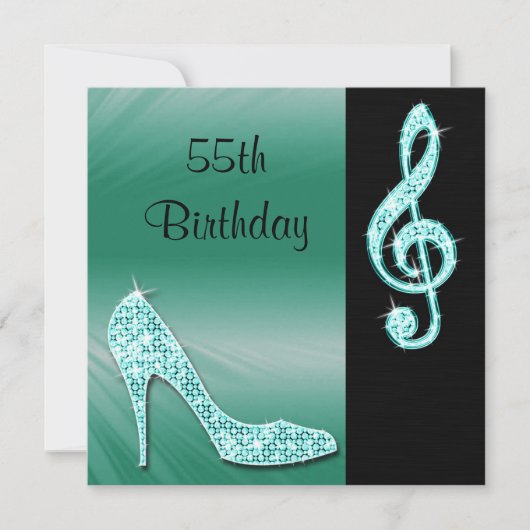 Invitation Teal Stiletto & Treble Clé 55e Anniversaire (Devant)