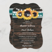 Invitation Teal Sunflower Rustic Wood String Lights Wedding (Devant / Derrière)