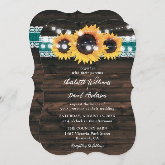 Invitation Teal Sunflower Rustic Wood String Lights Wedding (Devant / Derrière)