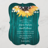 Invitation Teal Sunflower String Lights Wood Wedding (Devant / Derrière)